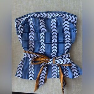 White House Black Market Blue and White Strapless Blouse with Mustard Belt